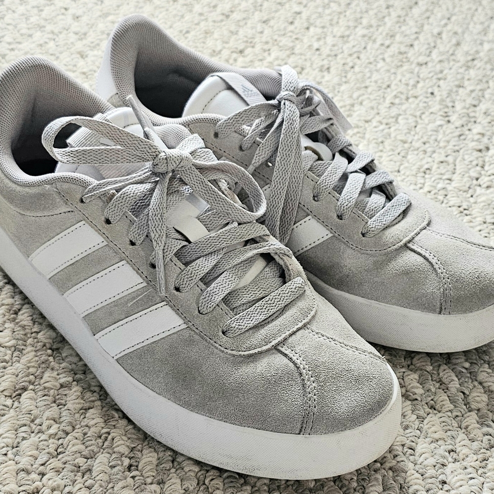 adidas Light Gray Suede Women's Sneakers with White Stripes